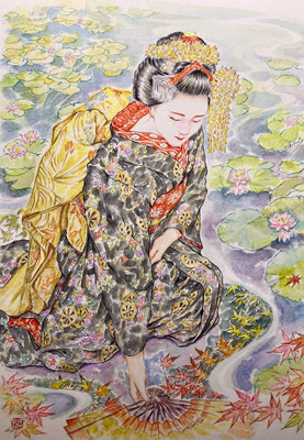 71：若柳流「紅葉の橋」睡蓮の景（18×26㎝）