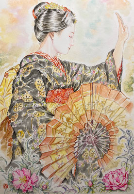 64：若柳流「紅葉の橋」山茶花の景（18×26㎝）
