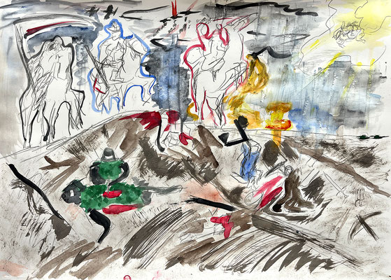 »Apokalypse« von Floris, Aquarell, Tusche, Bleistift auf Papier 50 x 70 cm