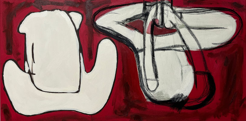 »Zweipersonenstück« von Aaron 60 x 120 cm Ölkohle, Ölfarbe auf Leinwand