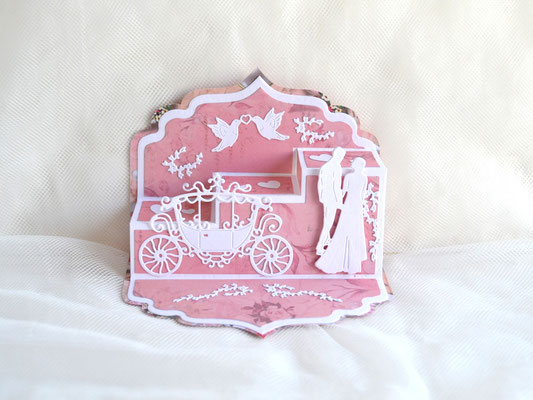 Hochzeitskarte Popup (Nr. 1) rosa-weiß mit Kutsche und Brautpaar 