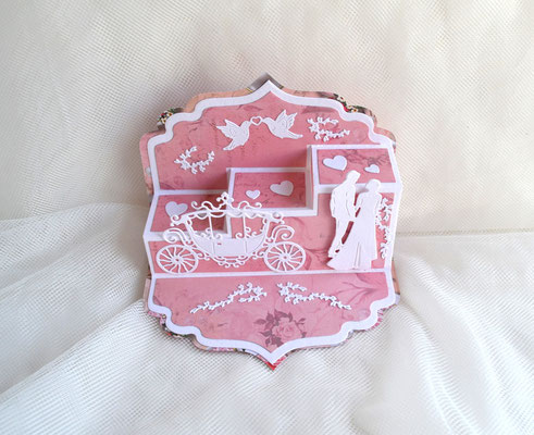 Hochzeitskarte Popup (Nr. 1) rosa-weiß mit Kutsche und Brautpaar 