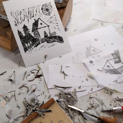 Druckplatte aus Linoleum für den Workshop "Linolschnitt" in der Nähe von Bremen.