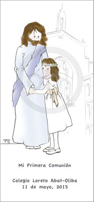 Modelo: Niña y Jesús. Técnica: Acuarela. Fondo: iglesia linea. Formato 6x16 cm punto de libro. Tipografía: 2