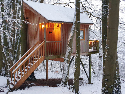 Baumhaus mit Schnee, Januar 2021, Bild: Baumhaushotel Solling.