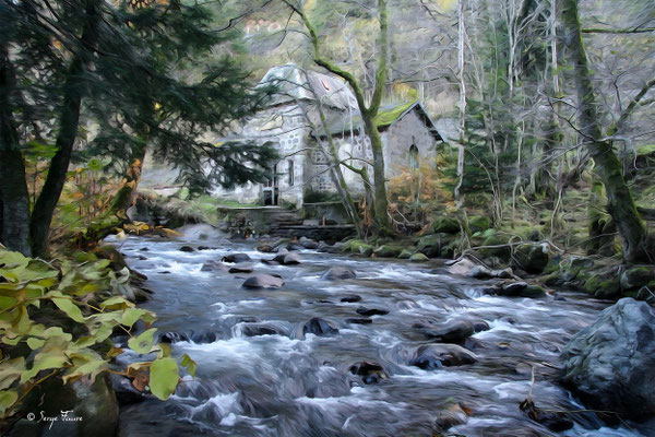 Source Félix au bord de la Dordogne (façon peinture) - le Mont Dore - Massif du Sancy - Auvergne - France 
