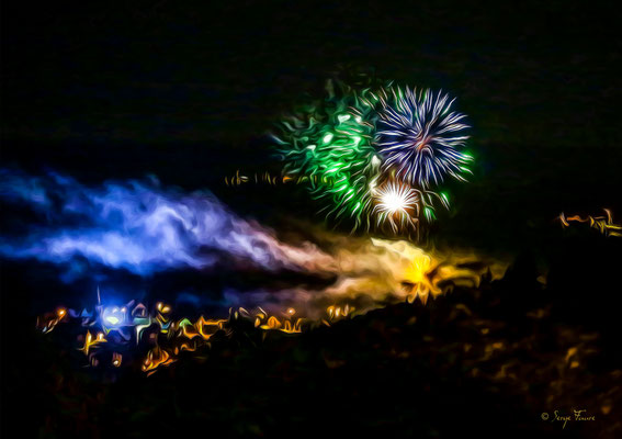 Feu d'artifice au village - Photo façon peinture