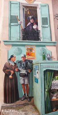 Détail de la fresque à l'angle du Faubourg St Jean et de la rue Droite au Puy en Velay - France - Sur le chemin de St Jacques de Compostelle (santiago de compostela) - Le Chemin du Puy ou Via Podiensis (variante par Rocamadour)