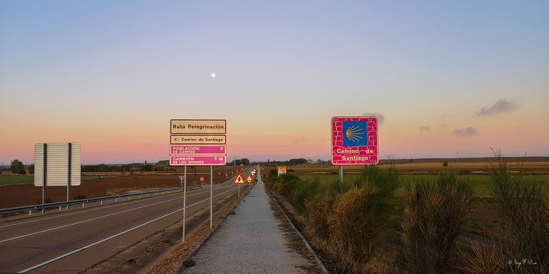 Le camino de Santiago au petit matin en repartant de Luz de Fromista (Espagne) - Sur le chemin de Compostelle