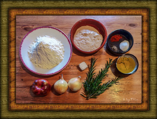  Les ingrédients de la tourte de pain à la tomate - Photo façon tableau peinture Serge Faure