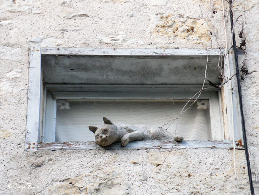 Le village de La Romieu est volontiers appelé le « village des chats » car un grand nombre de félins est présent au cœur village, sur les fenêtres, les portes, les yeux de bœuf et sur certains pas de portes. Sculptés en grande partie par Maurice Serreau