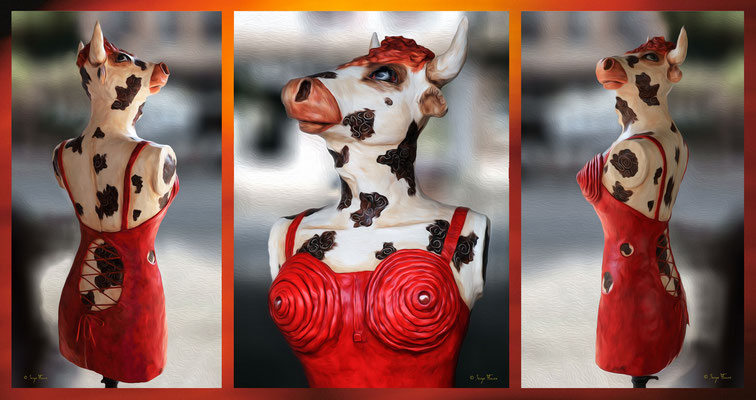 Carmencita ma belle rumineuse, radieuse en tenue très sexy à la Madonna.  La sculptrice Delphine Devos a eu cette idée originale d'habiller à la Jean-Paul Gaultier cette reine des prés et de m'avoir inspiré pour ce triptyque en photo-tableau