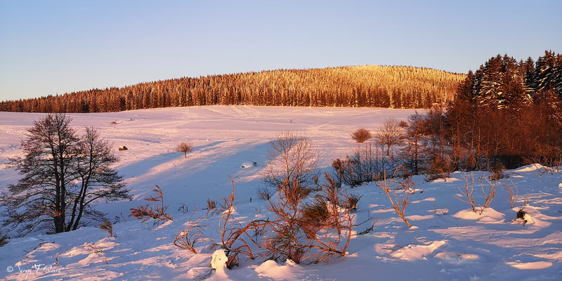 Coucher de soleil sur paysage de neige à Murat le Quaire - Massif du Sancy - Auvergne - France