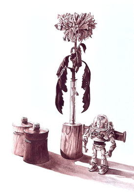 "Small Still Life with flower and Buzz Lightyear", 50 x 35 cm