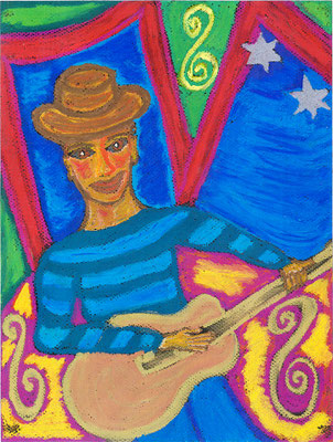 Jean Pierre, chanteur guitariste de Paris, oil pastel on Paper, 24 x 33 cm Paris, 2000.