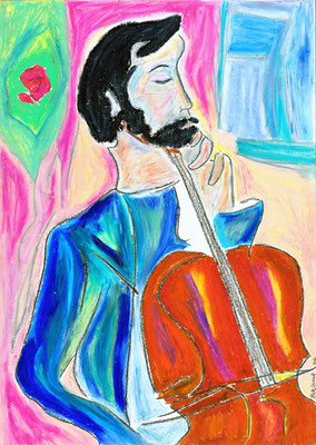 The cello player, oil pastel on Paper, 24 x 33 cm Rome, 2010. It is 3.jpg.
