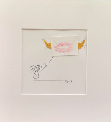 Sealed with a kiss, mixed media, 12x12 cm, frame 25x25 cm, 2024