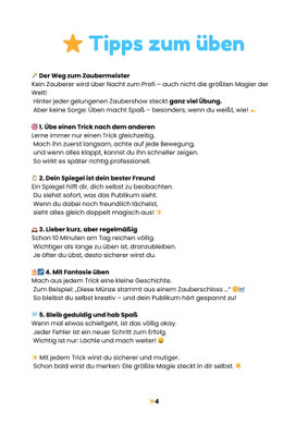 Tipps zum Üben von Zaubertricks für Kinder mit Hinweisen zu Geduld, Regelmäßigkeit und Fantasie.