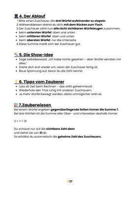 Erklärung des Zaubertricks „Das Würfel-Geheimnis“ mit Ablauf, Show-Idee und Zauberwissen zu Spielwürfeln.