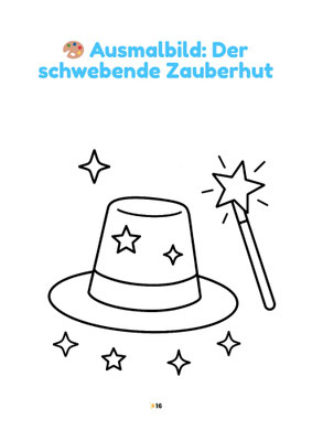 Ausmalbild mit schwebendem Zauberhut, Zauberstab und Sternen für Kinder.