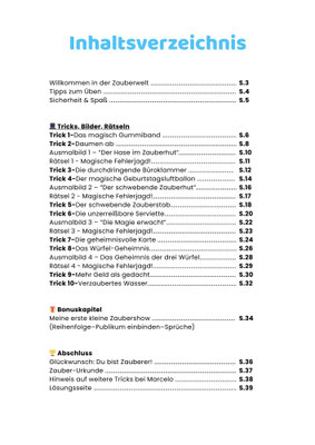 Inhaltsverzeichnis eines Familienzauberbuchs für Kinder mit Zaubertricks, Ausmalbildern, Rätseln und Bonuskapitel zur eigenen Zaubershow.