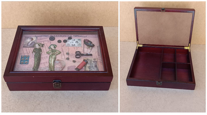 Caja vitrina costurero madera y resina con compartimentos interiores. Ref 53173. 31,5x23x8