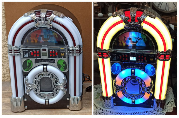 Juke box. Radio/CD/Tarjeta SD/USB/posibilidad de añadir altavoz externo. Mando a distancia. 27x17x40