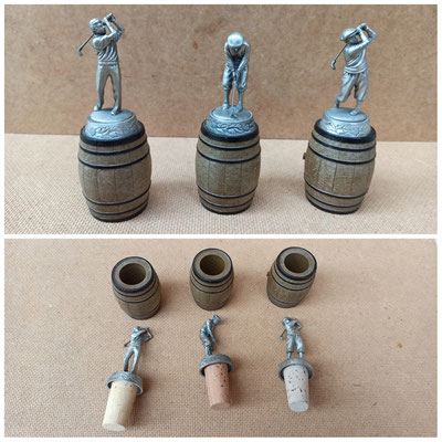 Tapones para botella golf peltre. Ref SC039, SC046 y SC142. 11x4,5x3,5