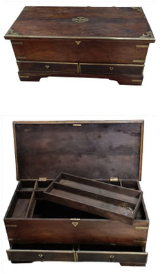 Baúl madera adornos latón con 2 cajones y bandeja extraíble. Origen Tailandia. 84x40x38