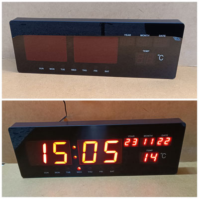 Reloj digital con termómetro y calendario. Vale para mesa o pared. Ref 4677. 51x18x4
