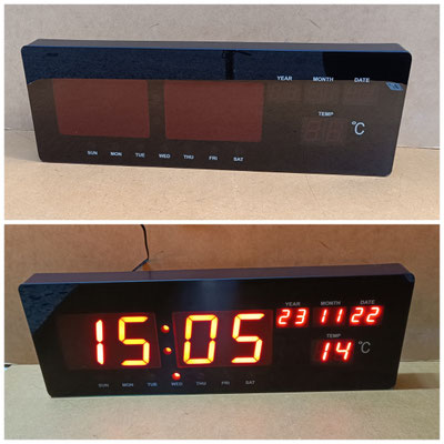 Reloj digital con termómetro y calendario. Vale para mesa o pared. Ref 4677. 51x18x4