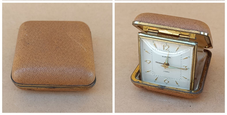 Reloj despertador de viaje vintage Europa 2 jewels. 7x7x3 cerrado. 7x7x7 abierto 