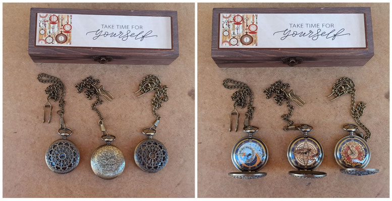 Relojes de bolsillo latón a pilas: Ref Praga 929, Esfera 934, Rosa 930.  5x6x1