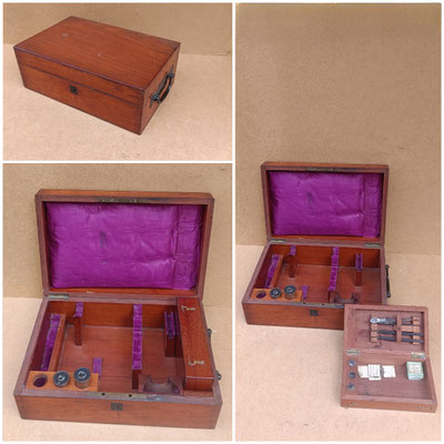 Caja madera vintage para microscopio forrada tela con cajita con instrumental. Ref GOY. 12x33x22