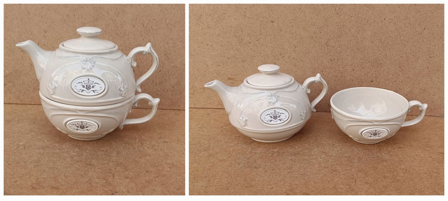 Juego de tetera con taza apilable porcelana relieve. Ref 209918. 14x14x10