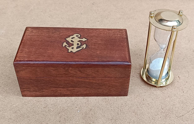 Reloj arena latón y cristal con caja de madera. Ref 335034. 7,5x3,8. 50 segundos aprox