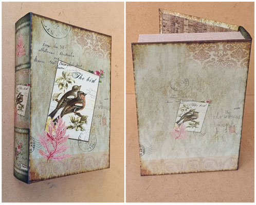 Caja libro pájaro forrado en tela. Ref 18424. 30x21x6,5