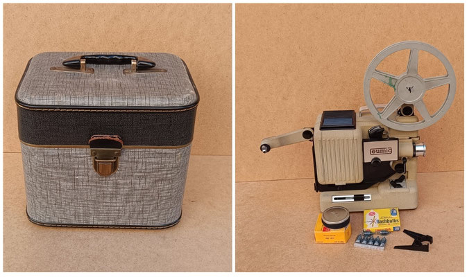 Proyector con maletín funda marca Eumig P8años 60. Tipo P8 automático. Hecho en Austria. 24X21X27 