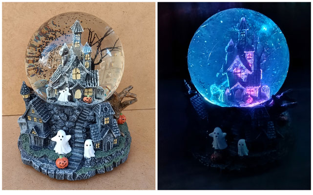 Bola de purpurina Halloween. Luces led cambiantes con diferentes colores, purpurina se mueve automáticamente. Funciona con pilas. Ref 43053. 17x14