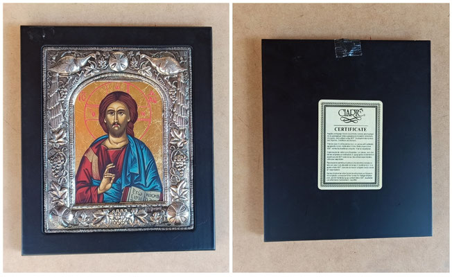 Reproducción de icono bizantino hecho a mano con certificado de autenticidad. Lienzo sobre madera y plata (950). 22x18,5