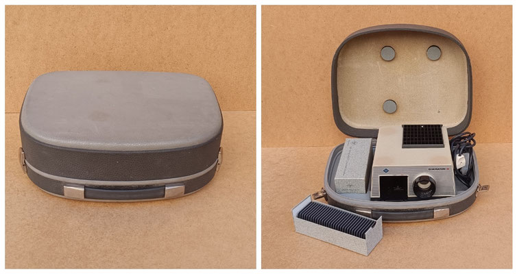 Proyector de diapositivas vintage con maletín. Marca Agfa modelo Diamator H. Hecho en Alemania. Ref GOY. 34x34x12 