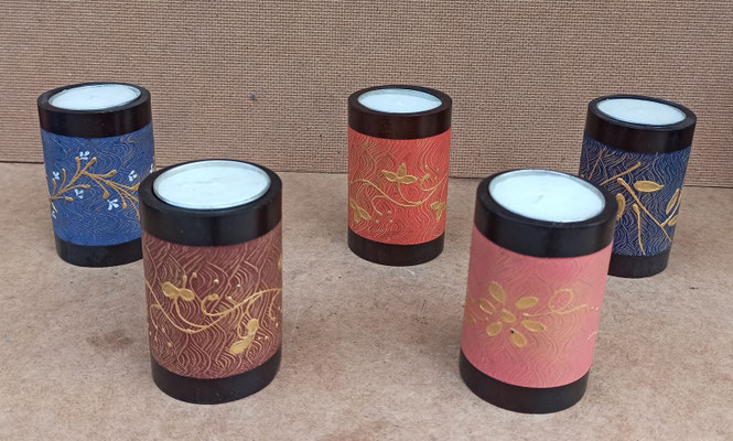 Vela con portavela madera motivos orientales. 8x5. Consultar modelos disponibles 