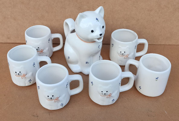 Conjunto 6 tazas con jarra gato cerámica