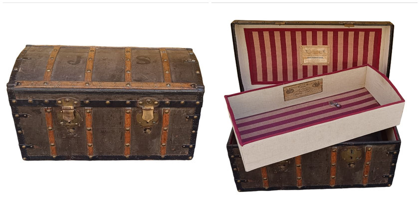 Baúl de carruaje restaurado con bandeja. Fabricado en Barcelona por Justo Vidal en 1830/1840. Ref RG028. 41x76x38