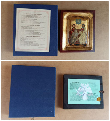 Icono pintado a mano a la manera bizantina con certificado de autenticidad. Jubileo año 2000. Pintado con huevo, témpera y oro en madera antigua. 18x14