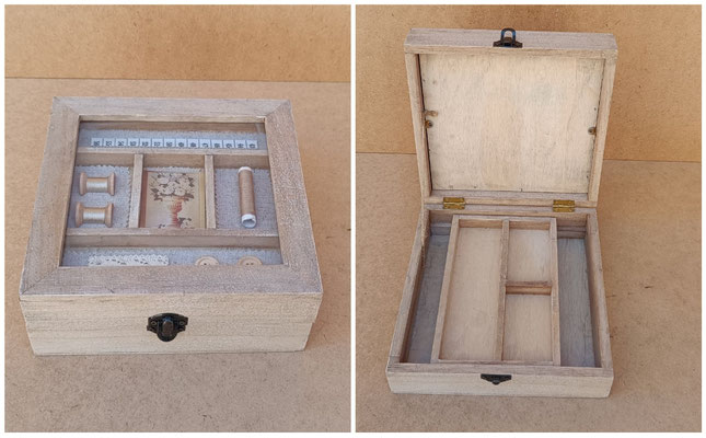 Caja vitrina costurero madera con compartimentos interiores. Ref HF547. 20x20x8. 