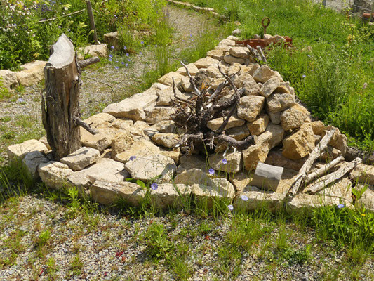 eine Eidechsenburg aus Natursteinen und mit Totholz obendrauf auf einem Dorfplatz im Weimarer Land