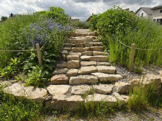 Natursteintreppe auf den Burghügel zur Rutsche im naturnahen Ortskern Köttendorf