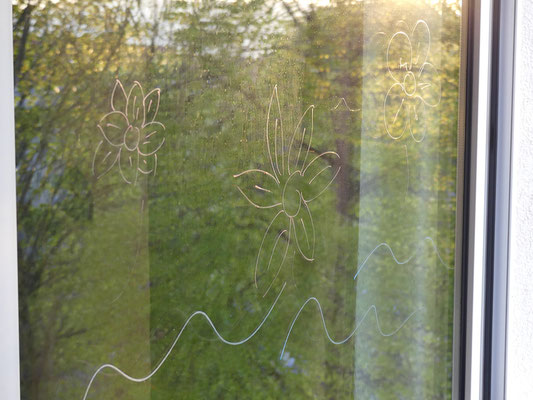 Fensterkreide-Zeichnungen auf dem Fenster als möglicher Schutz vor Vogelschlag