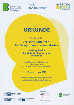 Mitgliedsurkunde Christina Zaubitzer, Beratung zu naturnahen Gärten, im Bündnis für Biodiversität Thüringen, das am 11. Mai 2026 in Erfurt gegründet wurde